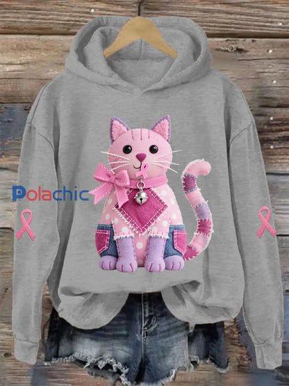Femme Rose Chat Rose Ruban de Soutien de Sensibilisation au Cancer du Sein Sweatshirt gris clair / S