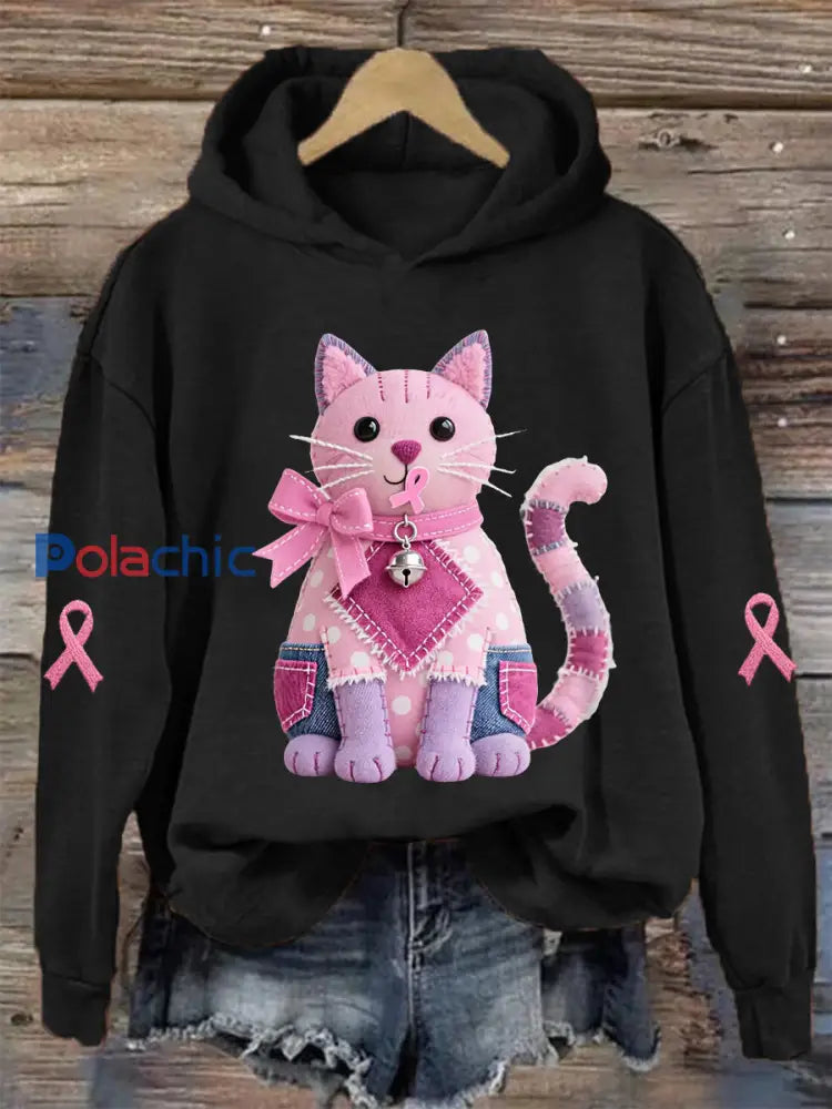 Femme Rose Chat Rose Ruban de Soutien de Sensibilisation au Cancer du Sein Sweatshirt noir / S
