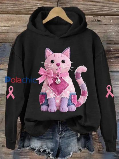 Femme Rose Chat Rose Ruban de Soutien de Sensibilisation au Cancer du Sein Sweatshirt noir / S