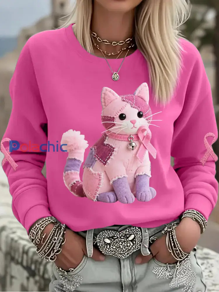 Femme Rose Chat Rose Ruban de Soutien de Sensibilisation au Cancer du Sein Sweatshirt Rose Rouge / S