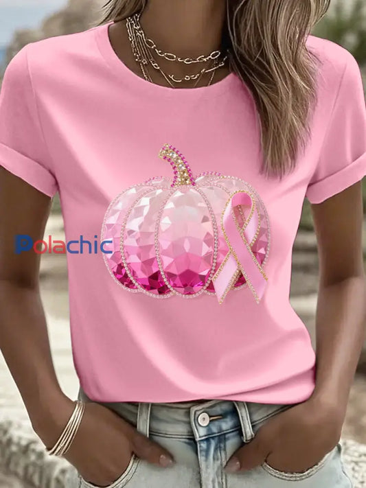 Femme Rose Citrouille et Ruban Strass Art T Shirt Rose / S