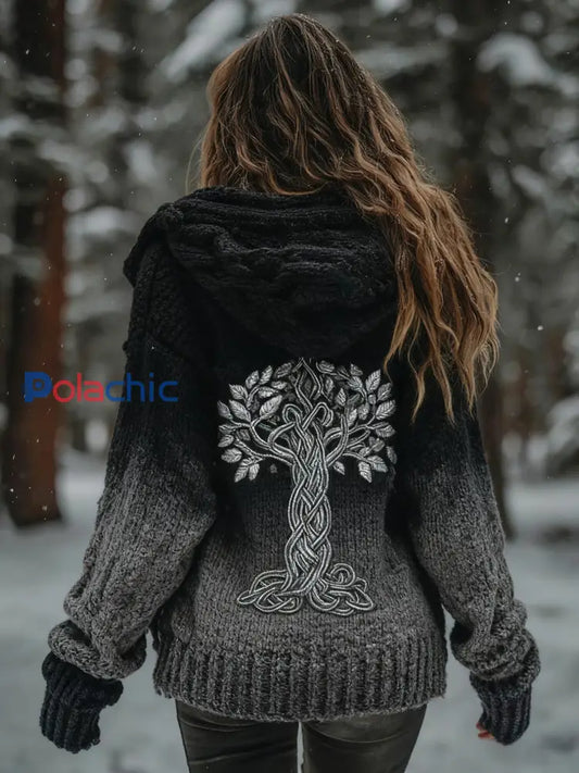 Femme Viking Tree Of Life Motif Dégradé Multicolore Cardigan Veste En Tricot Noir / S