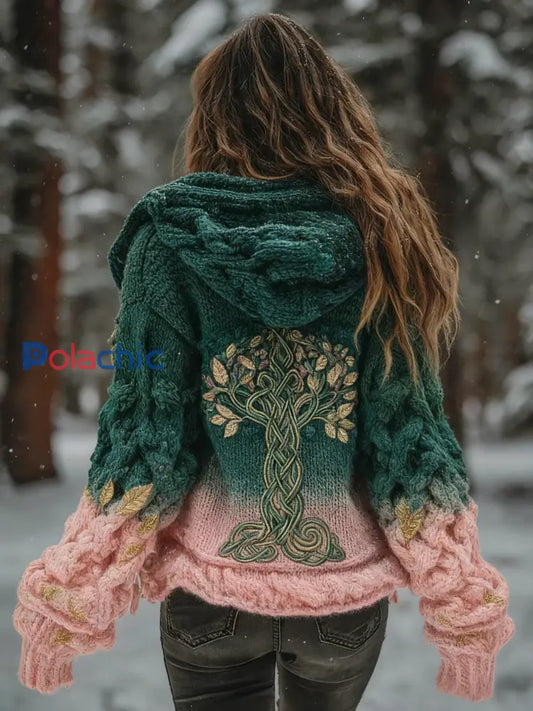 Femme Viking Tree Of Life Motif Dégradé Multicolore Cardigan Veste En Tricot Vert / S