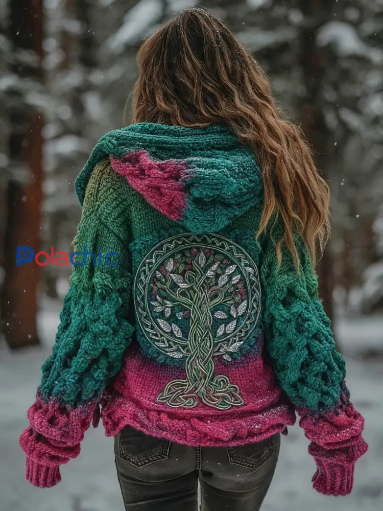 Femme Viking Tree Of Life Motif Dégradé Multicolore Cardigan Veste En Tricot Vert / S