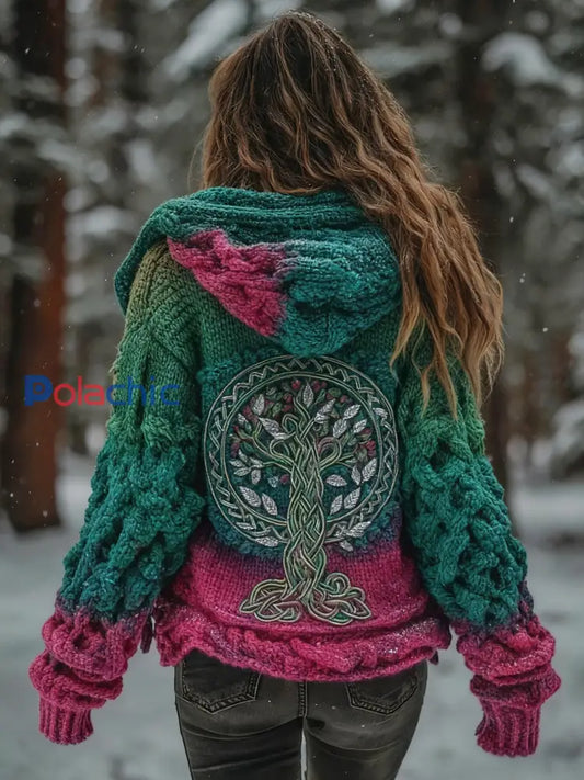 Femme Viking Tree Of Life Motif Dégradé Multicolore Cardigan Veste En Tricot Vert / S