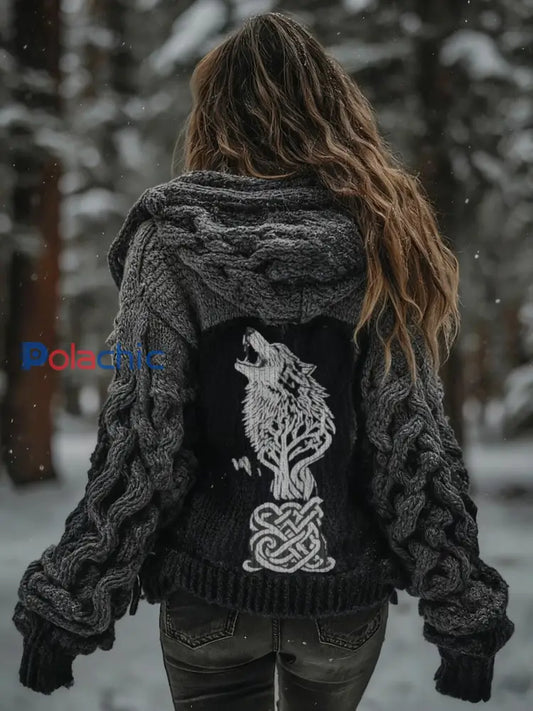 Femme Viking Wolf Tree Of Life Motif Dégradé Cardigan Veste En Tricot Gris foncé / S