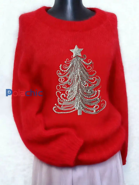Femme Vintage Arbre de Noël Perle Art Imprimer à manches longues Pull Rouge / S