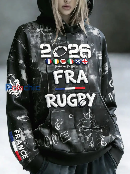 Femmes 2026 France Rugby Six Nations Imprimer Mode Sweat à capuche Noir / S