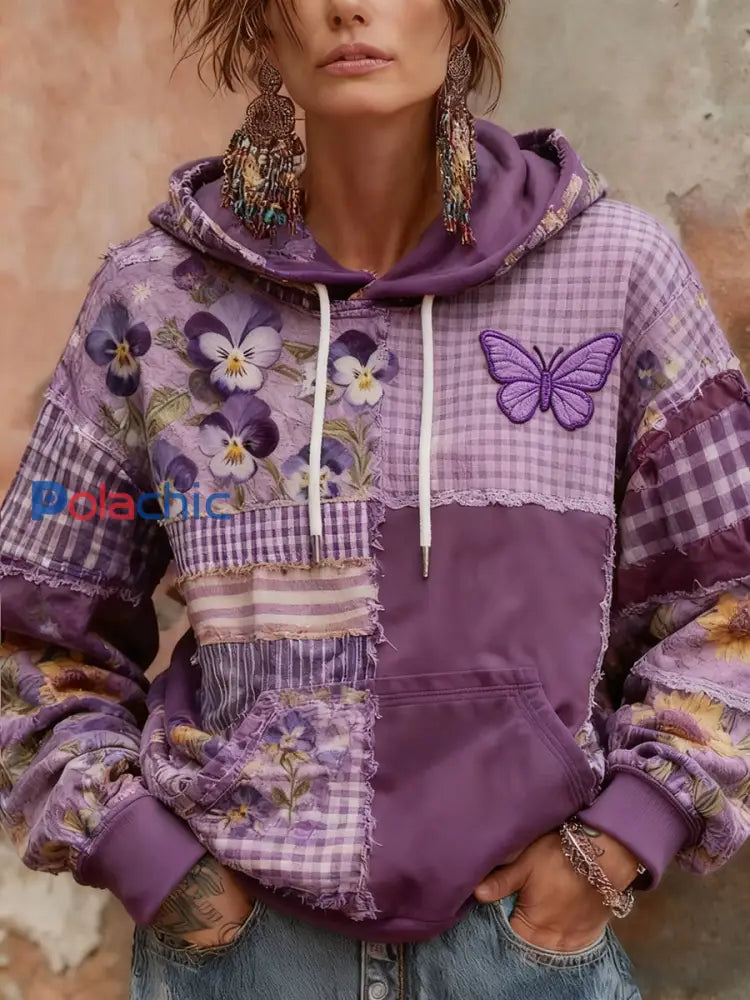 Femmes Alzheimer Awareness Violet Floral Papillon Patchwork À Capuche comme image / S