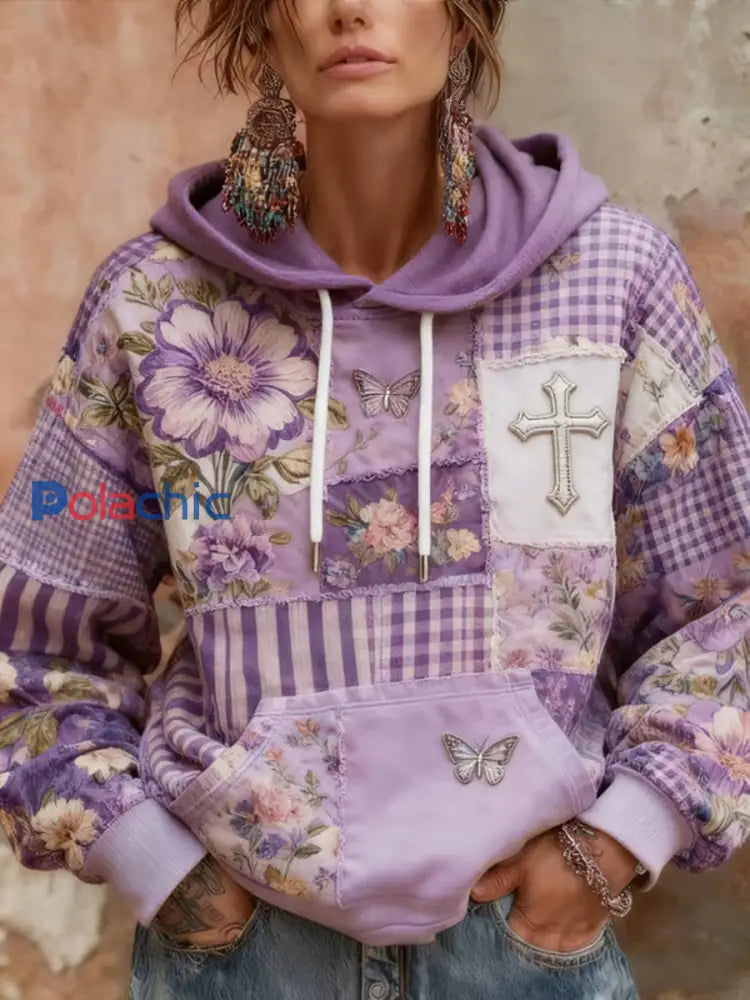 Femmes Alzheimer Awareness Violet Floral Papillon Patchwork À Capuche comme image / S