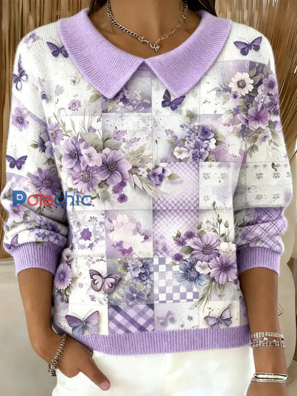 Femmes Alzheimer’s Awareness Violet Floral Patchwork Décontracté Haut comme image / S