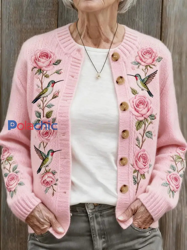 Femmes Automne Et Hiver Rose Colibri Floral Confortable Chaud Pull Cardigan Rose / S