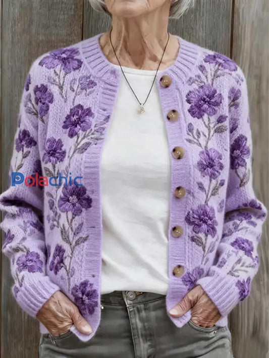 Femmes Automne et Hiver Violet Floral Confortable Chaud Pull Cardigan Violet / S