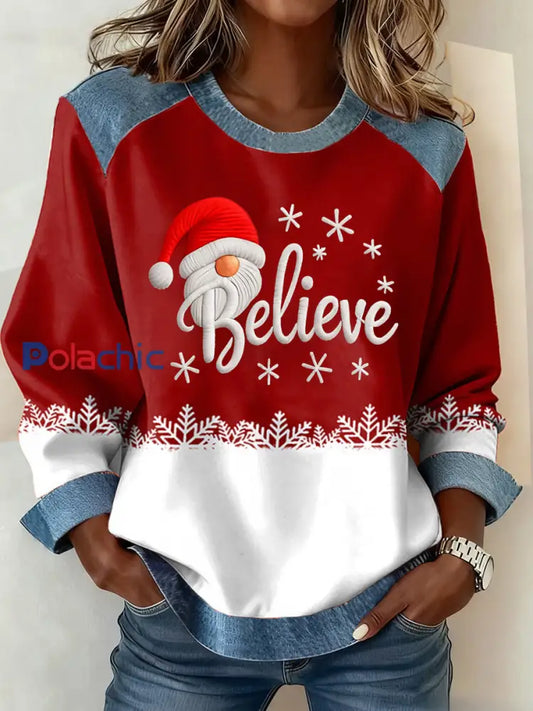 Femmes Believe Christmas Print Denim Patchwork Top Rouge / S