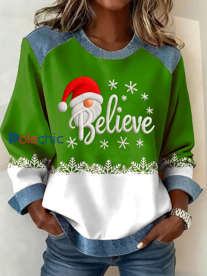 Femmes Believe Christmas Print Denim Patchwork Top Vert / S