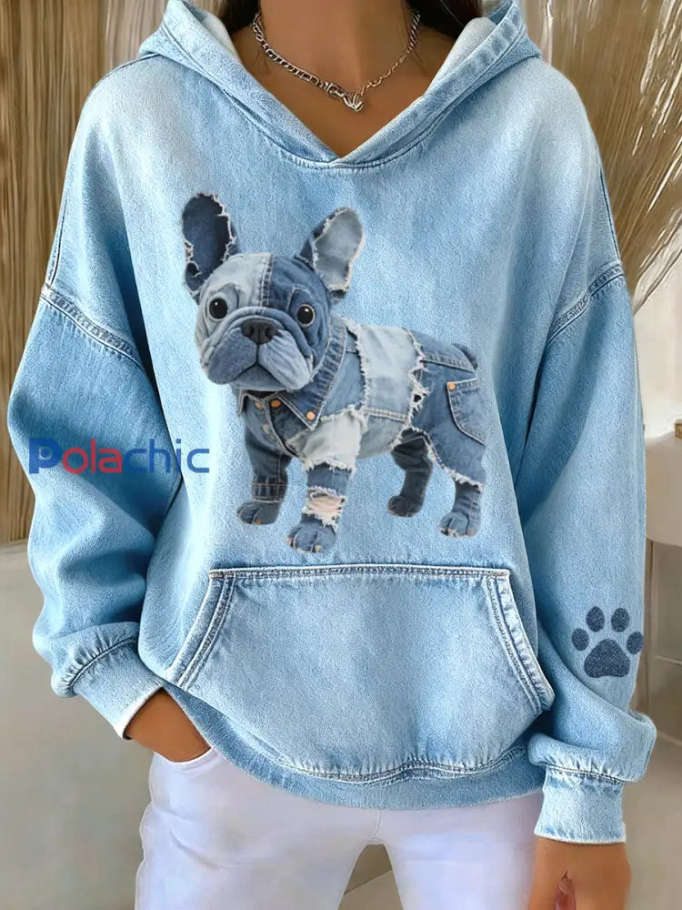 Femmes Belle Français Bulldog Denim Patchwork Motif Hoodie Bleu / S