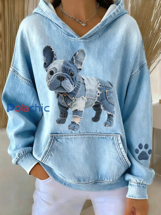 Femmes Belle Français Bulldog Denim Patchwork Motif Hoodie Bleu / S