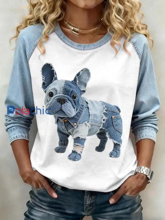 Femmes Belle Français Bulldog Motif Denim Patchwork Sweatshirt Bleu clair / S