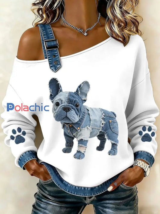 Femmes Belle Français Bulldog Motif Denim Patchwork Top Blanc / S