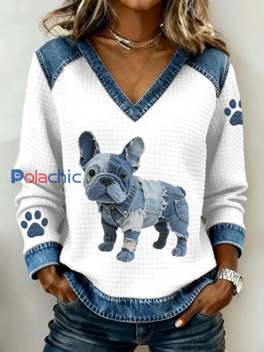 Femmes Belle Français Bulldog Motif Denim Patchwork V-Neck Top Blanc / S