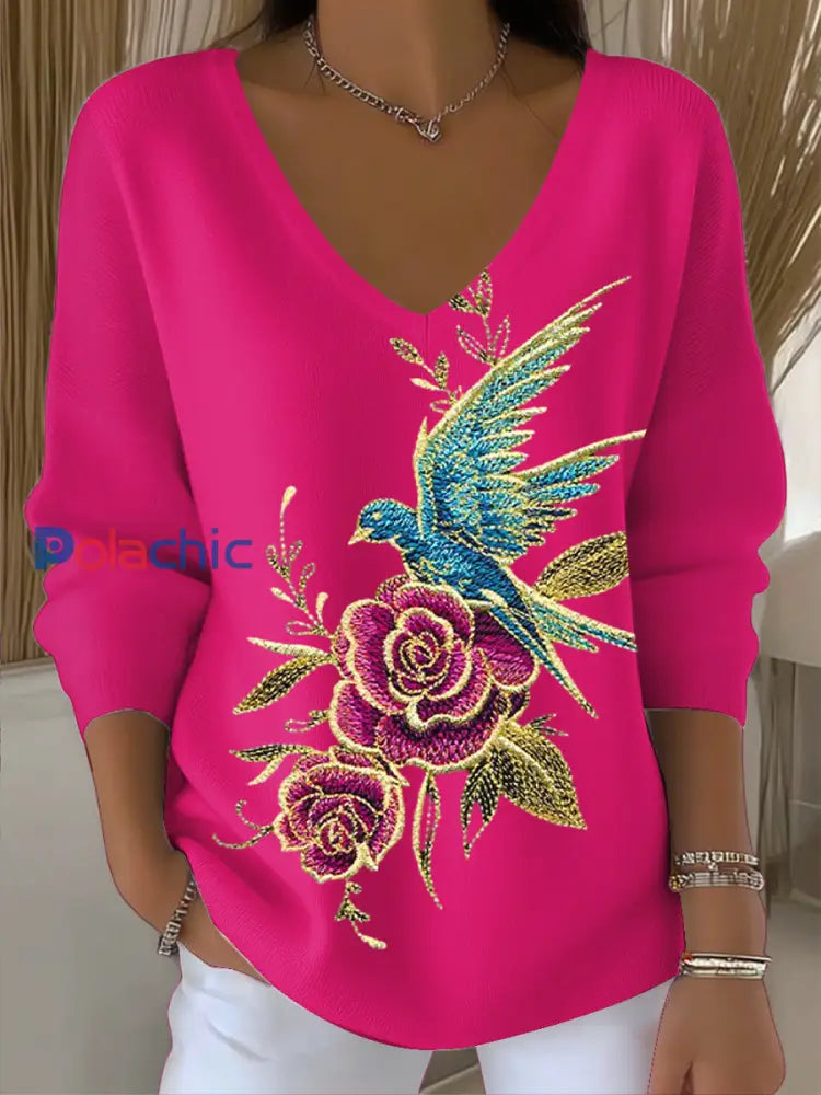 Femmes Breast Cancer Rose Floral V-Neck Tops Rose Foncé / S
