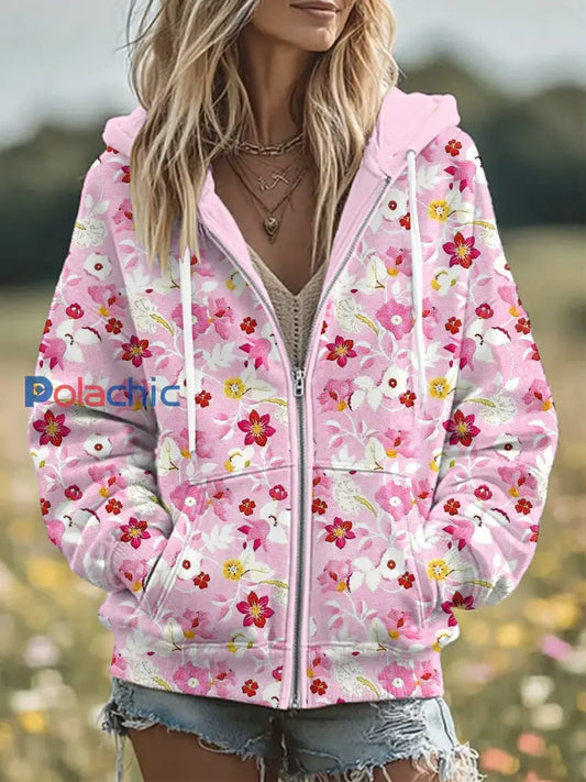 Femmes cancer du sein fleurs Imprimer Zip-Up Hoodie comme image / S