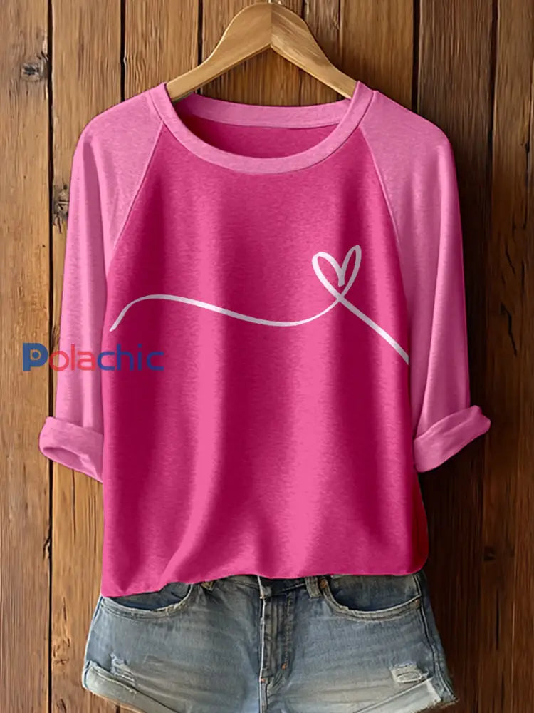 Femmes Cancer du sein inspiré coeur Art impression contraste couleur T-Shirt Rose / S