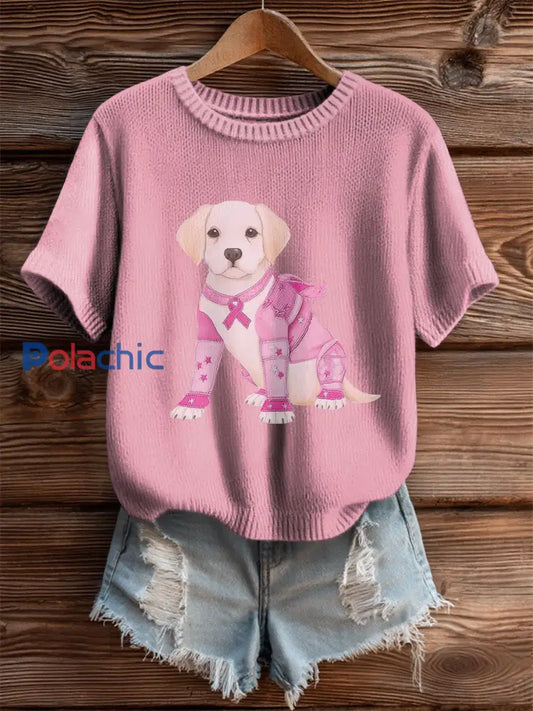 Femmes Cancer Du Sein Patchwork Chien Art Haut En Tricot Confortable Rose / S