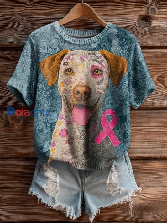 Femmes Cancer Du Sein Patchwork Chien Art Haut En Tricot Confortable Rose / S