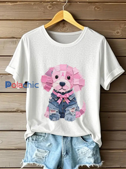 Femmes Cancer du sein Sensibilisation Denim Puppy Imprimer T-Shirt Blanc / S