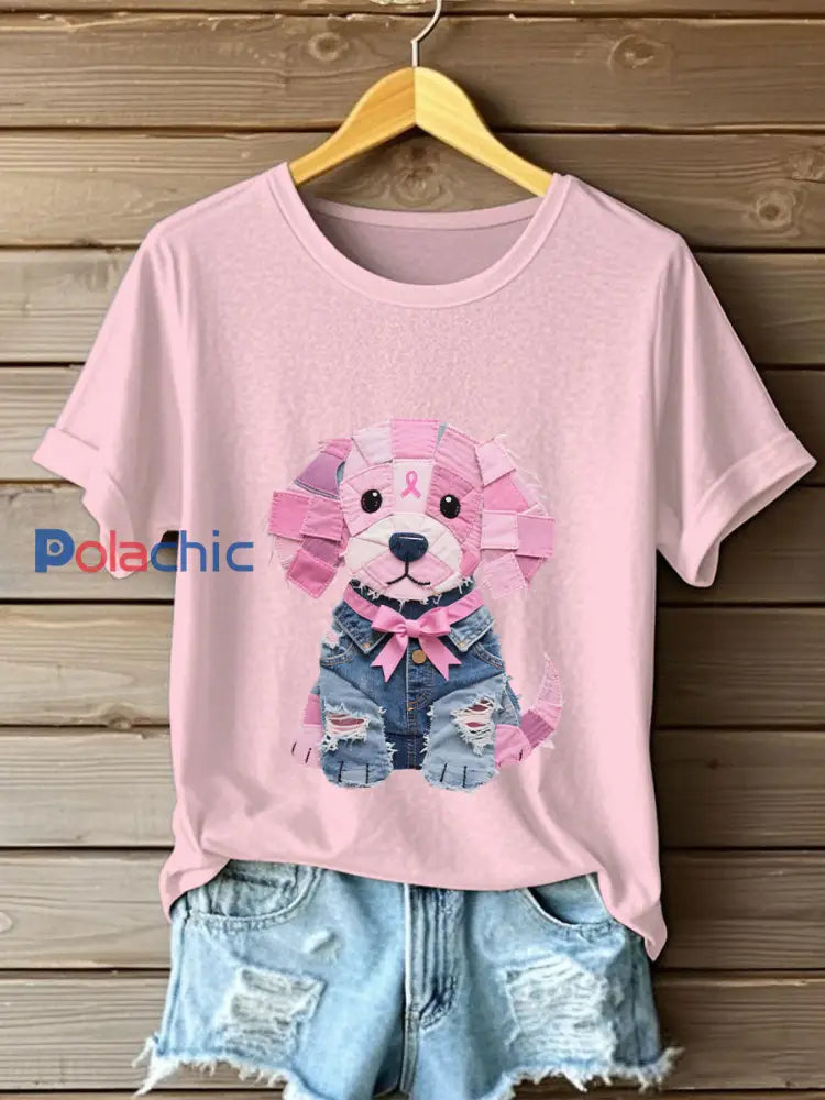 Femmes Cancer du sein Sensibilisation Denim Puppy Imprimer T-Shirt Rose clair / S