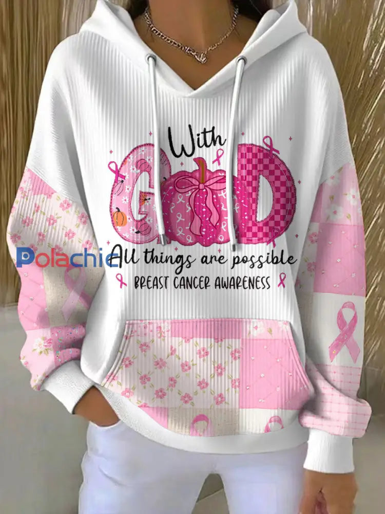 Femmes Cancer du sein Sensibilisation Floral Imprimé Hoodie Blanc