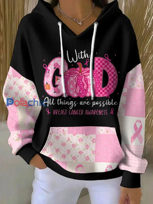 Femmes Cancer du sein Sensibilisation Floral Imprimé Hoodie Noir