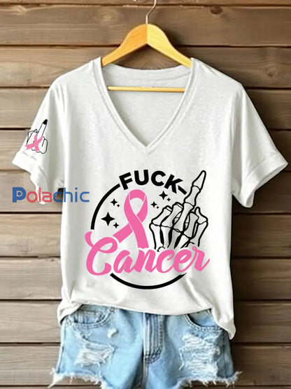 Femmes Cancer du sein Sensibilisation Fuck Cancer Moyen doigts T-shirt à manches courtes Blanc / S