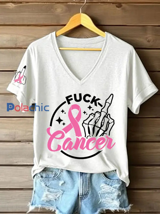 Femmes Cancer du sein Sensibilisation Fuck Cancer Moyen doigts T-shirt à manches courtes Blanc / S