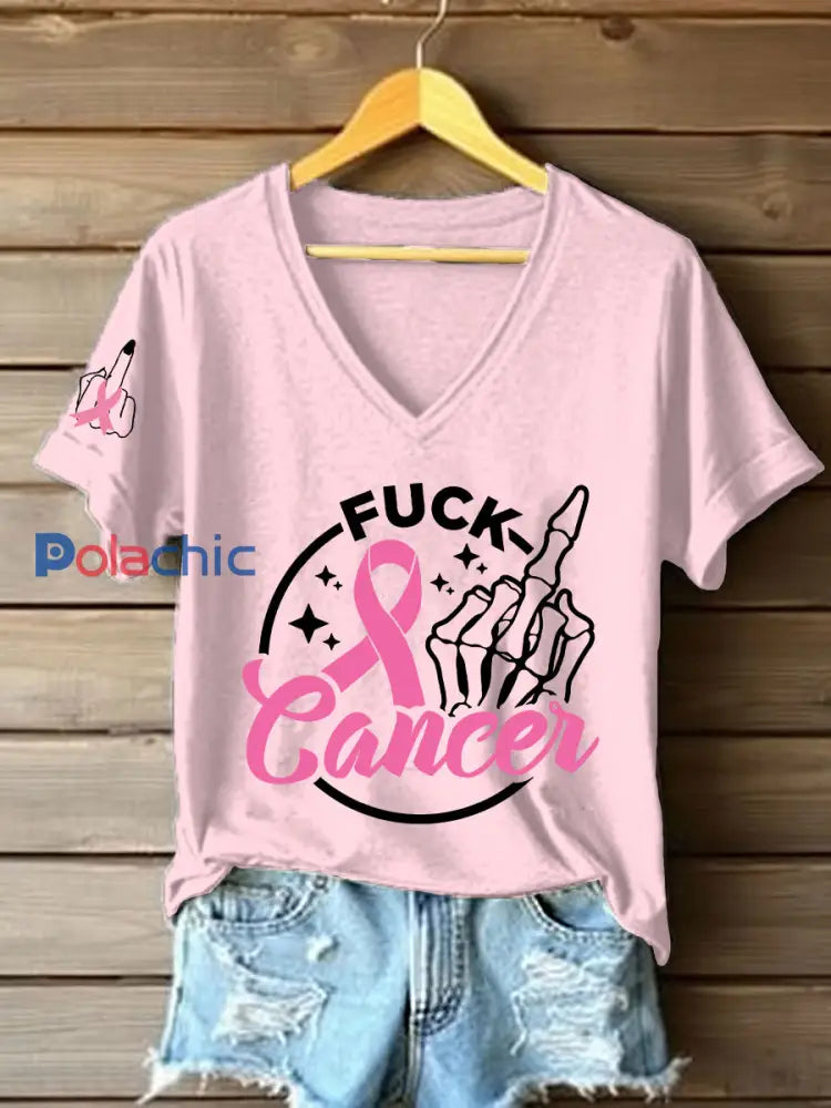 Femmes Cancer du sein Sensibilisation Fuck Cancer Moyen doigts T-shirt à manches courtes Rose clair / S