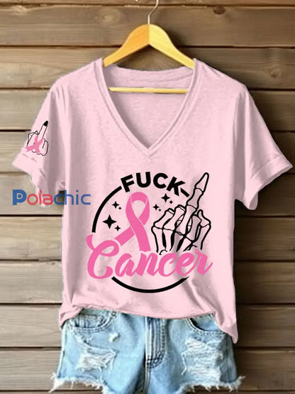 Femmes Cancer du sein Sensibilisation Fuck Cancer Moyen doigts T-shirt à manches courtes Rose clair / S