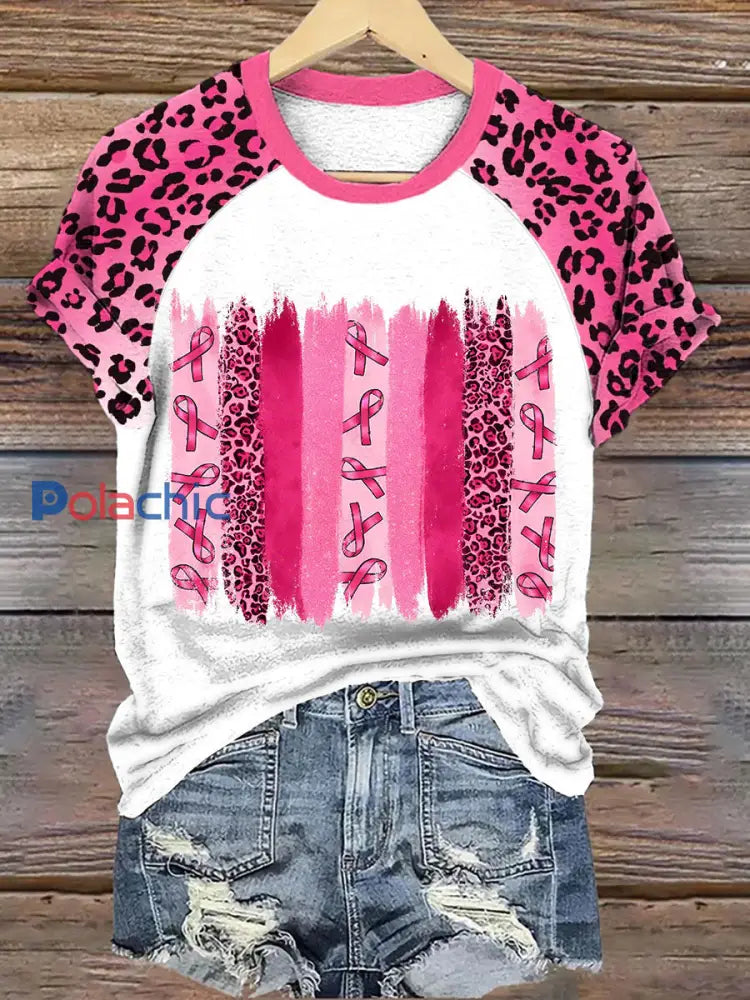 Femmes cancer du sein sensibilisation rose ruban imprimé léopard T-shirt Rose / S