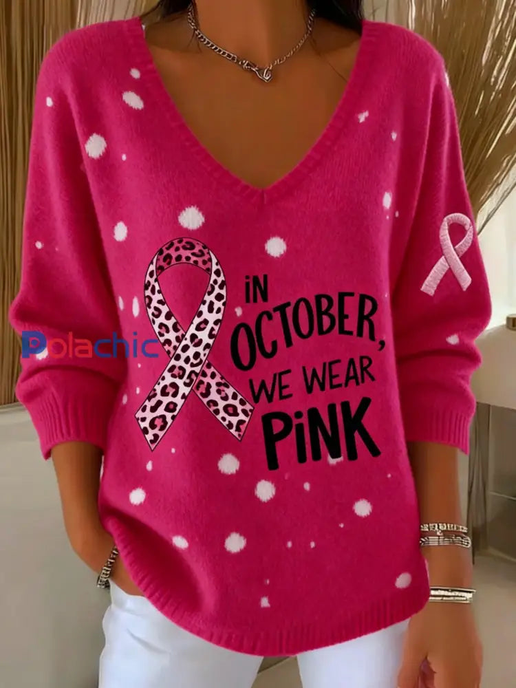 Femmes Casual Cancer Du Sein Mois De Sensibilisation Ruban Imprimé Floral V-Neck Top Rose Foncé / S