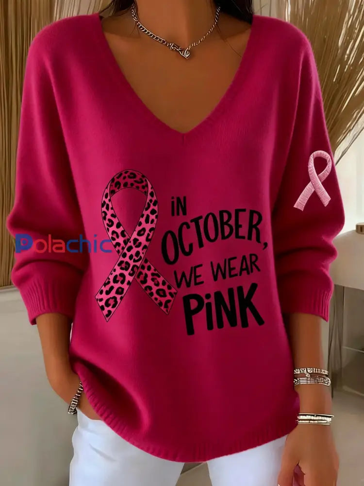 Femmes Casual Cancer Du Sein Mois De Sensibilisation Ruban Imprimé Floral V-Neck Top Rose Foncé / S