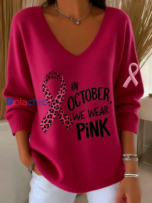 Femmes Casual Cancer Du Sein Mois De Sensibilisation Ruban Imprimé Floral V-Neck Top Rose Foncé / S