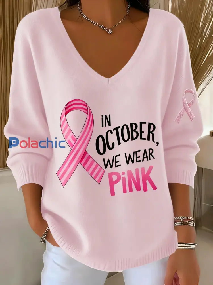 Femmes Casual Cancer Du Sein Mois De Sensibilisation Ruban Imprimé Floral V-Neck Top Rose / S