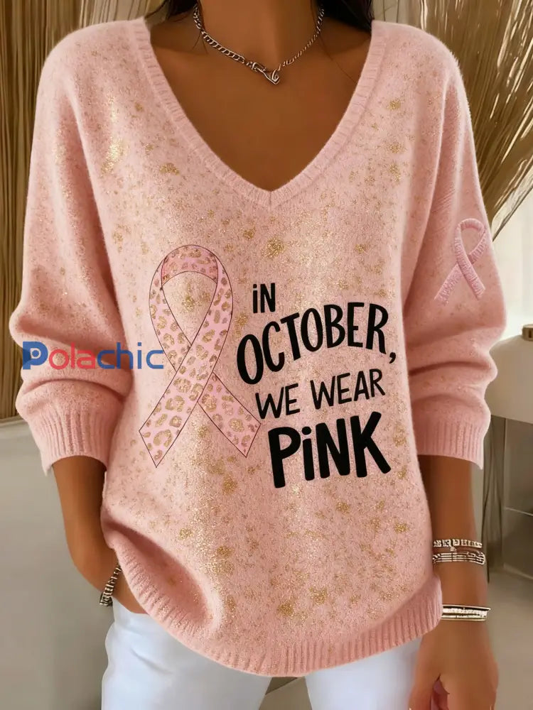 Femmes Casual Cancer Du Sein Mois De Sensibilisation Ruban Imprimé Floral V-Neck Top Rose / S