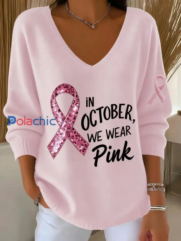 Femmes Casual Cancer Du Sein Mois De Sensibilisation Ruban Imprimé Floral V-Neck Top Rose / S