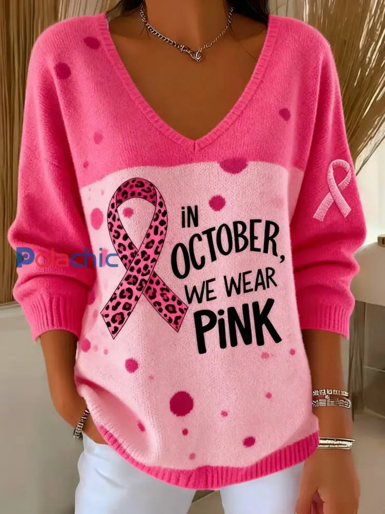 Femmes Casual Cancer Du Sein Mois De Sensibilisation Ruban Imprimé Floral V-Neck Top Rose / S