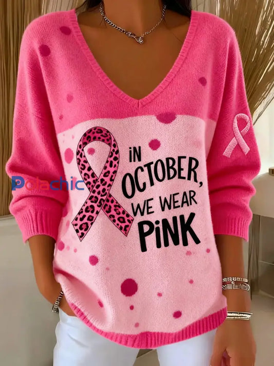 Femmes Casual Cancer Du Sein Mois De Sensibilisation Ruban Imprimé Floral V-Neck Top Rose / S