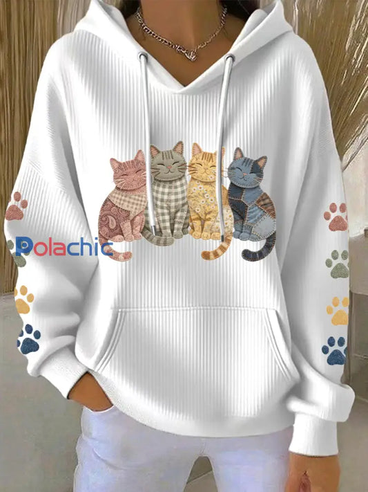 Femmes Charmant Chats Patchwork Motif Hoodie Blanc / S