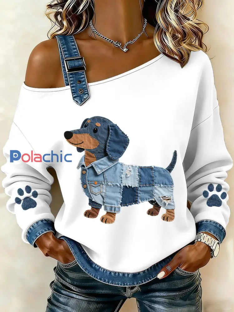 Femmes Charmant Teckel Motif Denim Patchwork Top Blanc / S