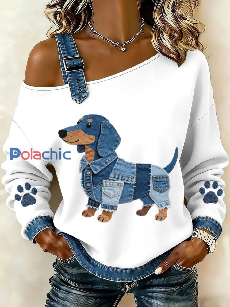Femmes Charmant Teckel Motif Denim Patchwork Top Blanc / S