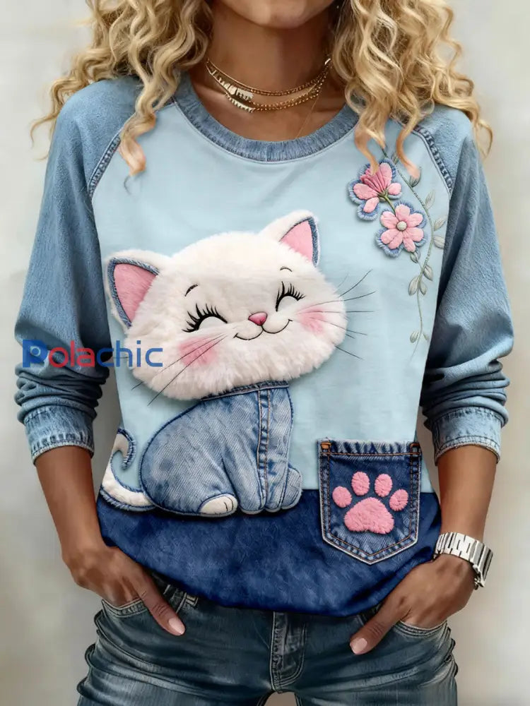 Femmes Chat Imprimer Sweatshirts Bleu / S